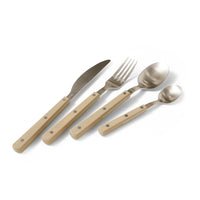 HKLIVING 70s Cutlery in olive: knife, fork, spoon and dessert spoon fanned out on a white background