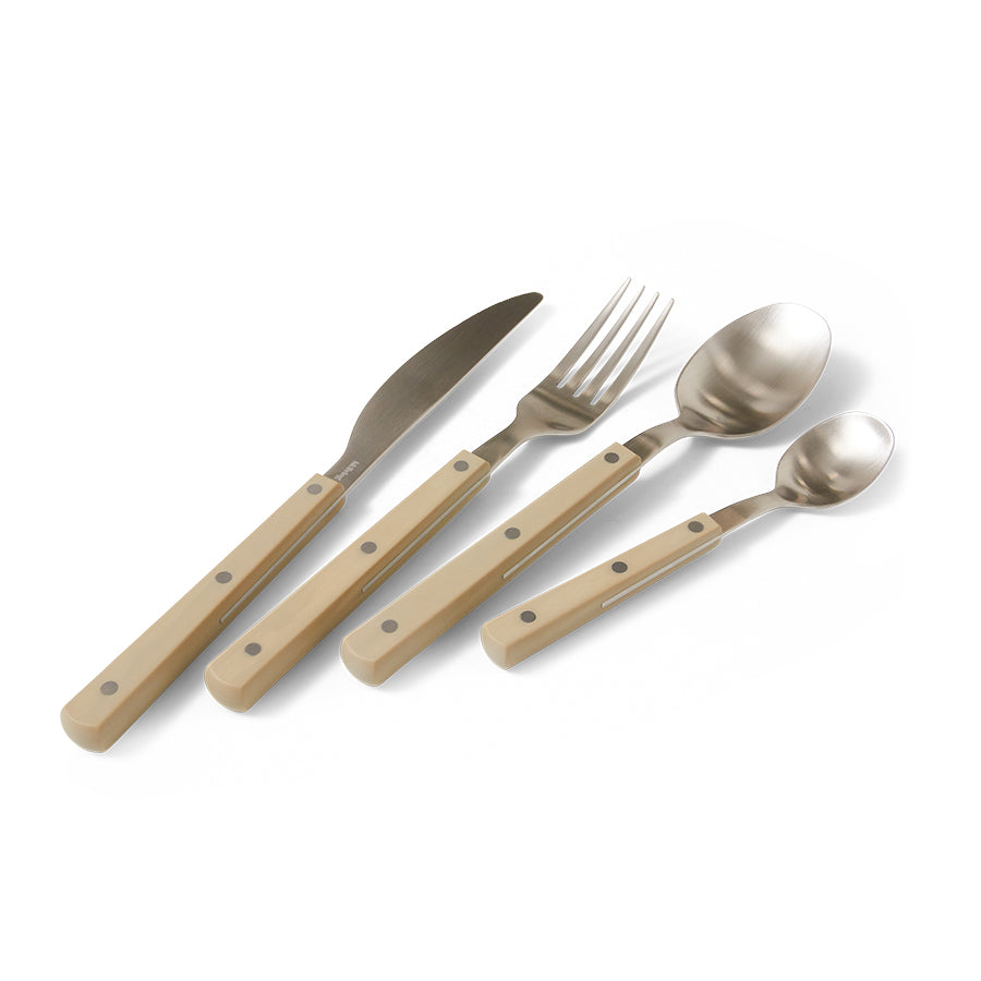 HKLIVING 70s Cutlery in olive: knife, fork, spoon and dessert spoon fanned out on a white background