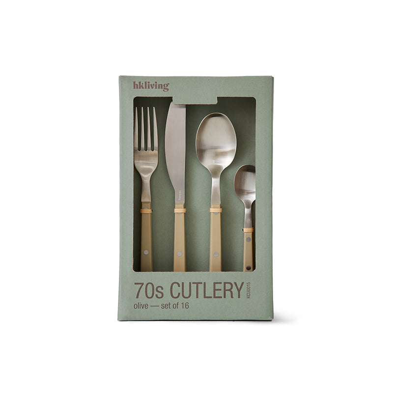 HKLIVING 70s Cutlery set of 16 in olive, shown in its sage green gift box