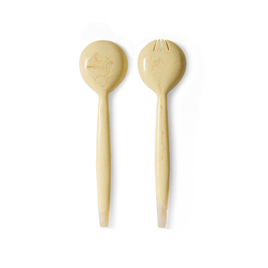 Angled view of the HKLIVING vanilla salad servers showing their long, tapered handles