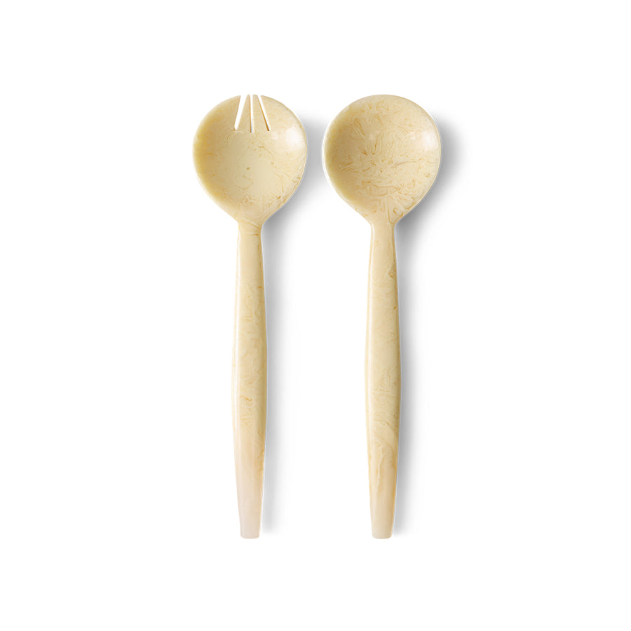 HKLIVING salad cutlery set of 2 in vanilla marbled resin, a spoon and slotted fork, on a white background
