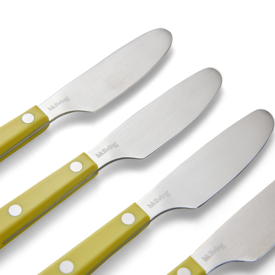 Close-up of HKLIVING lemon butter knives showing the curved stainless steel blades and rivet handles