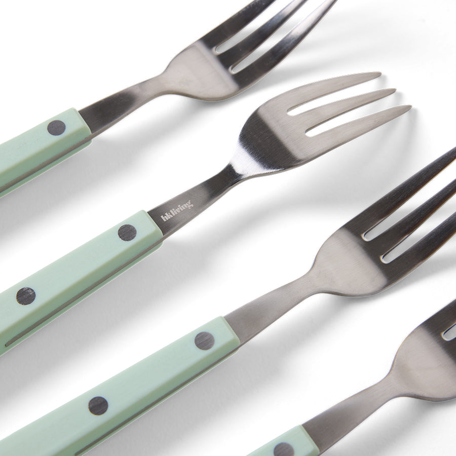 Close-up of HKLIVING mint dessert forks showing the stainless steel tines and rivet handles