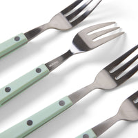 Close-up of HKLIVING mint dessert forks showing the stainless steel tines and rivet handles