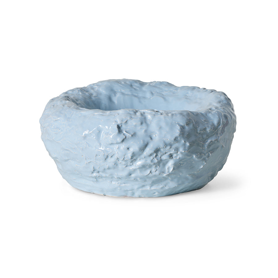 Cloud Bowl in Sky Blue by HKLIVING on a white background, showing its irregular, heavily textured surface and pale ice-blue glaze
