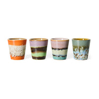 70s Ceramics ristretto mugs in Nostalgia, front view showing the four different striped retro glazes