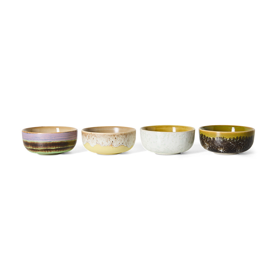 70s Ceramics tapas bowls in Sweet, front view showing the four different reactive glazes and warm glazed interiors