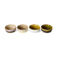 70s Ceramics tapas bowls in Sweet stacked in pairs, showing the lilac-green, cream-speckle, sage-speckle and mustard-black glazes