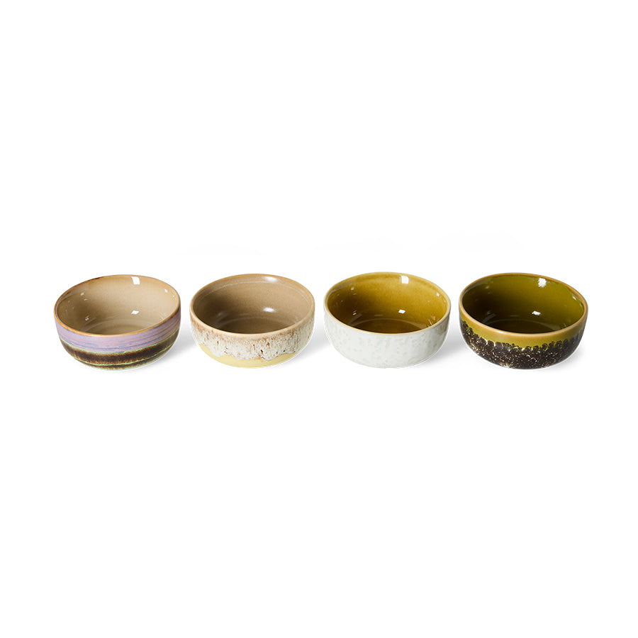 70s Ceramics tapas bowls in Sweet stacked in pairs, showing the lilac-green, cream-speckle, sage-speckle and mustard-black glazes
