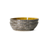 70s Ceramics Pasta Bowls in Brew by HKLIVING, set of 2 - speckled stoneware bowls with a mustard-gold interior, stacked on a white background