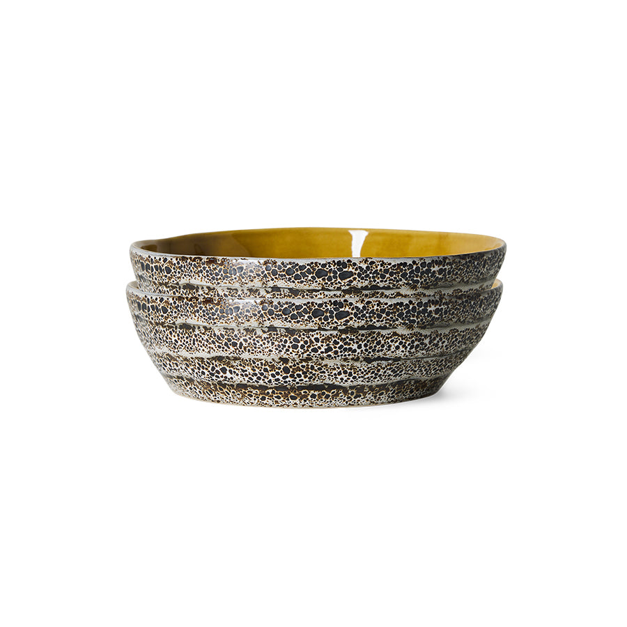 70s Ceramics Pasta Bowls in Brew by HKLIVING, set of 2 - speckled stoneware bowls with a mustard-gold interior, stacked on a white background