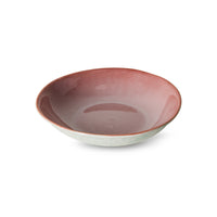 70s Ceramics curry bowl in Lotus, close view of the dusky rose-pink glazed interior and speckled mint exterior