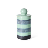 70s Ceramics Medium Storage Jar in River by HKLIVING, mint stoneware jar with banded blue-grey stripes, plain white background