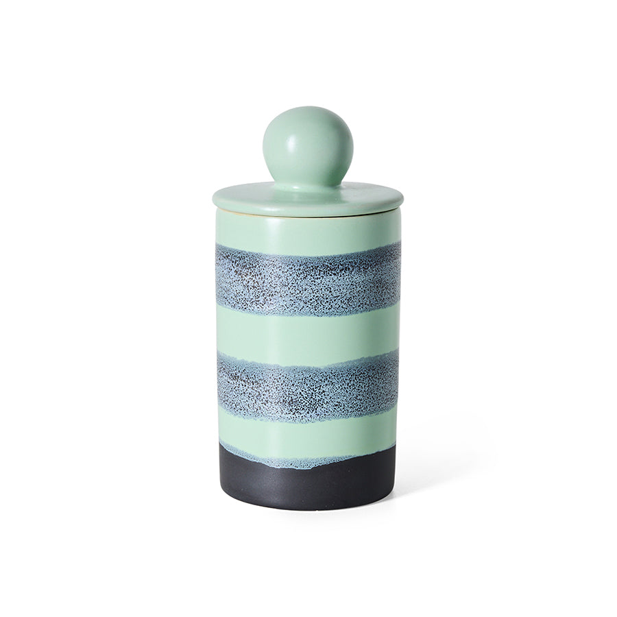 70s Ceramics Medium Storage Jar in River by HKLIVING, mint stoneware jar with banded blue-grey stripes, plain white background