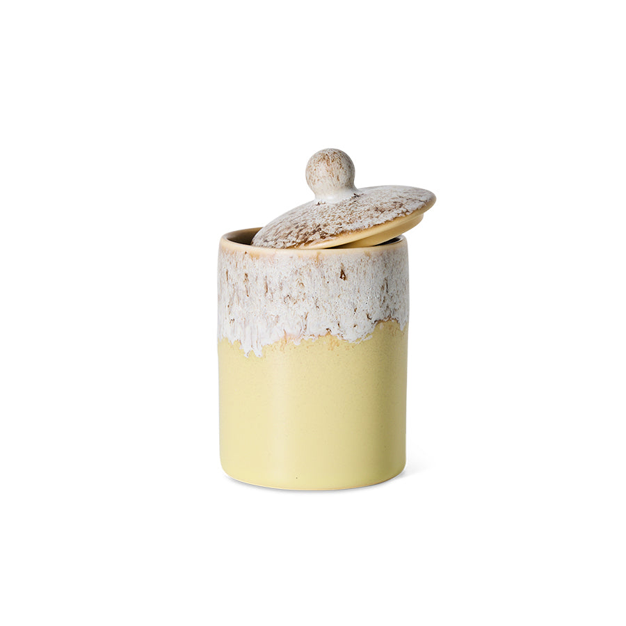 70s Ceramics storage jar in Custard with the lid resting ajar on top of the jar