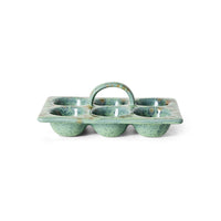 70s Ceramics Egg Tray in Minty by HKLIVING - speckled sage-green stoneware egg tray with carrying handle, on a white background