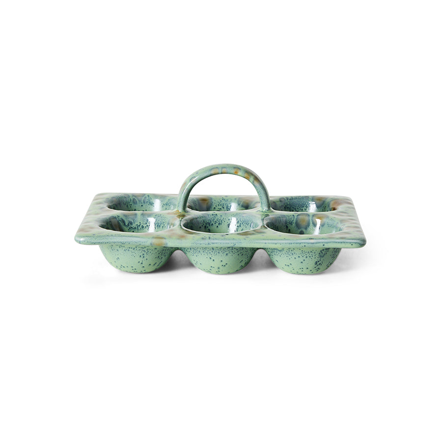 70s Ceramics Egg Tray in Minty by HKLIVING - speckled sage-green stoneware egg tray with carrying handle, on a white background