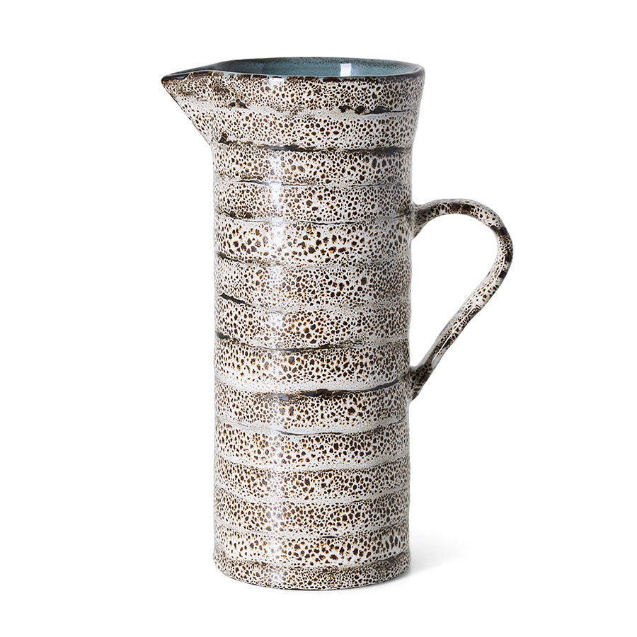 70s Ceramics Jug in Brew by HKLIVING - speckled reactive-glaze stoneware jug with a pale blue-grey interior, on a white background