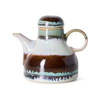 70s Ceramics Coffee Pot in Chocolate by HKLIVING - drip-glaze stoneware coffee pot in dark brown, mint and cream, on a white background