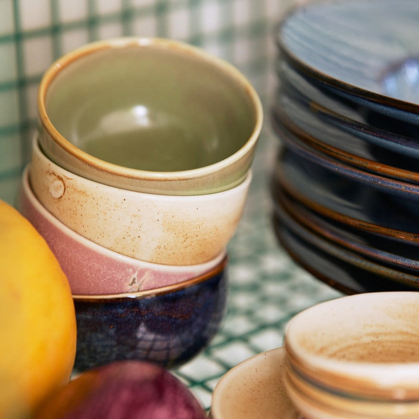 range of hklivng colourful crockery inspired by 70s colours and outrageousness with green, pink, purple, blues and more