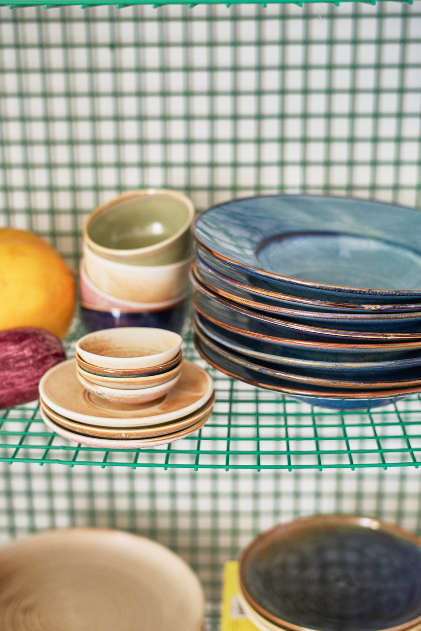 HKLIVING Chef Ceramics small dishes and plates stacked on a green check shelf