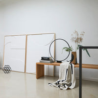 Long teak slatted bench by hkliving styled in a modern minimalist living room