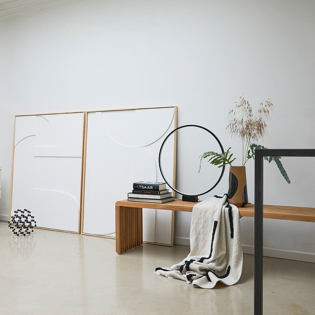 Long teak slatted bench by hkliving styled in a modern minimalist living room