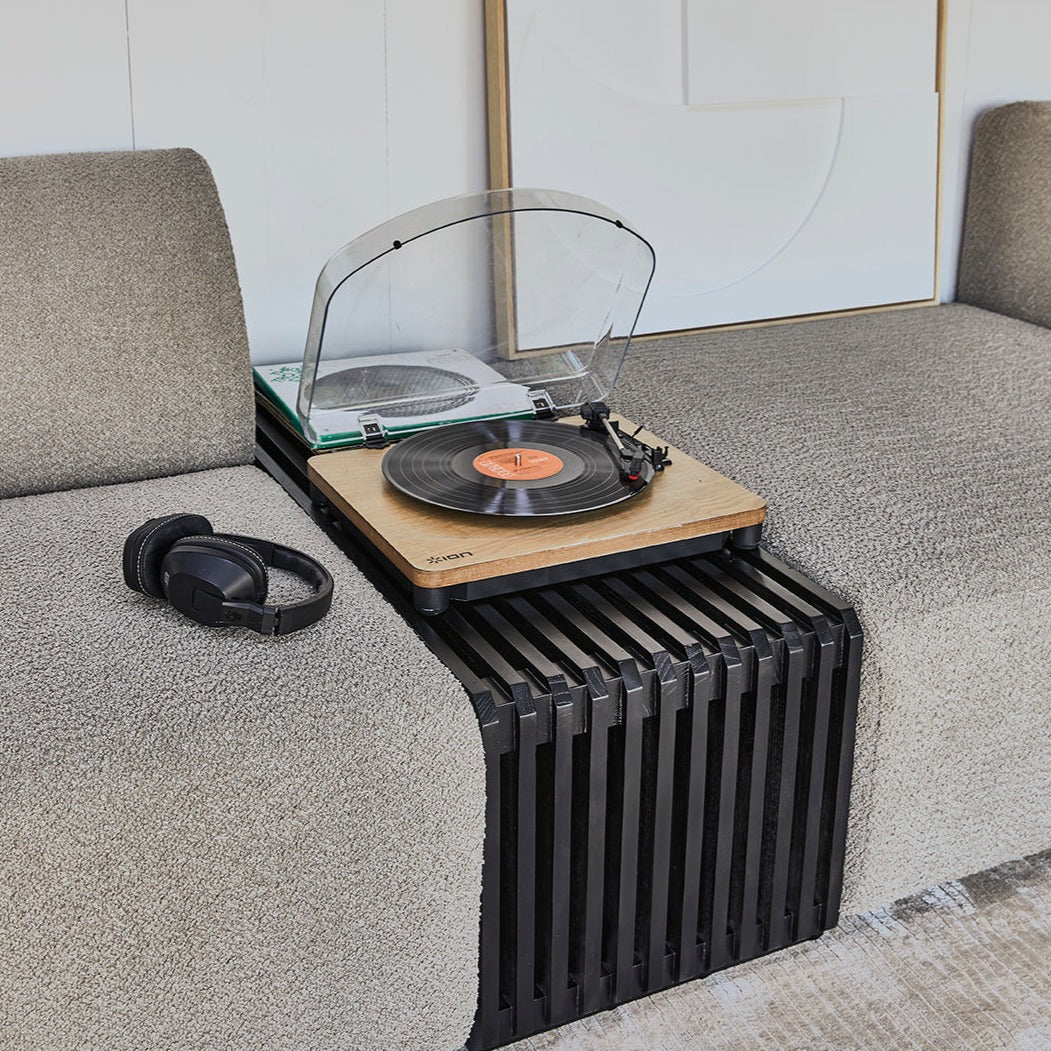 Black slatted sungkai wood bench by hkliving styled with record player
