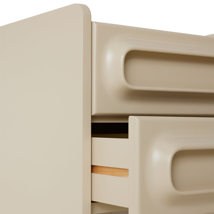Front view of the cream Space Nightstand by HKLIVING, showing its two rounded drawer fronts