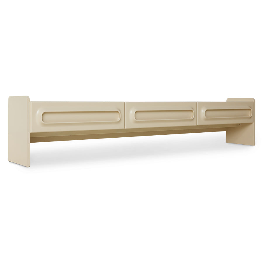 Angled detail of one end of the cream Space Lowboard by HKLIVING, showing the drawer handle and leg