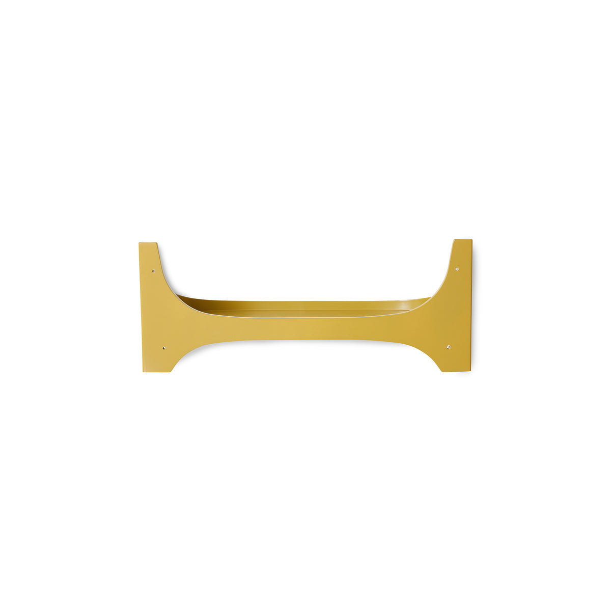 Side detail of the curved mustard-yellow Retro Wall Shelf by HKLIVING