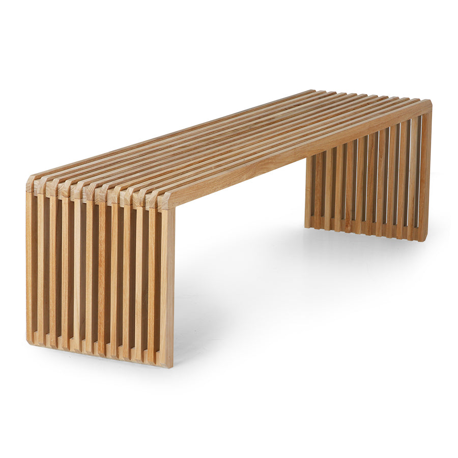 Extra-long teak bench for versatile use in modern homes