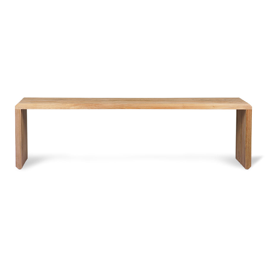 Handcrafted teak bench with unique wood grain