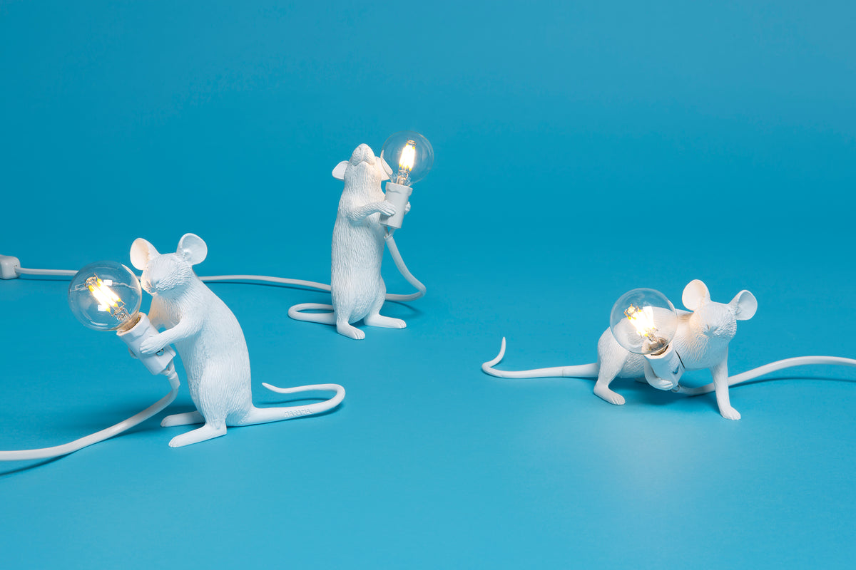 Mouse Lamps by Seletti in White, Gold, and Pink with Standing Mouse, Sitting Mouse, and Lying Down Mouse Options