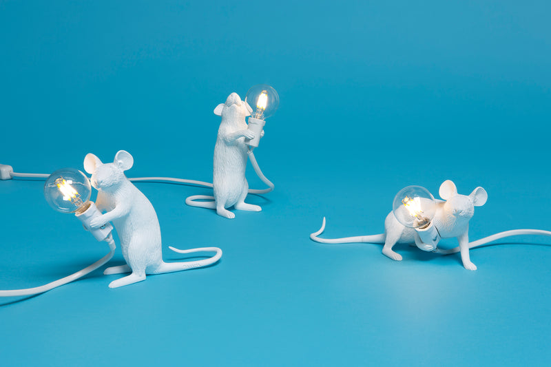 Mouse Lamps by Seletti in White, Gold, and Pink with Standing Mouse, Sitting Mouse, and Lying Down Mouse Options