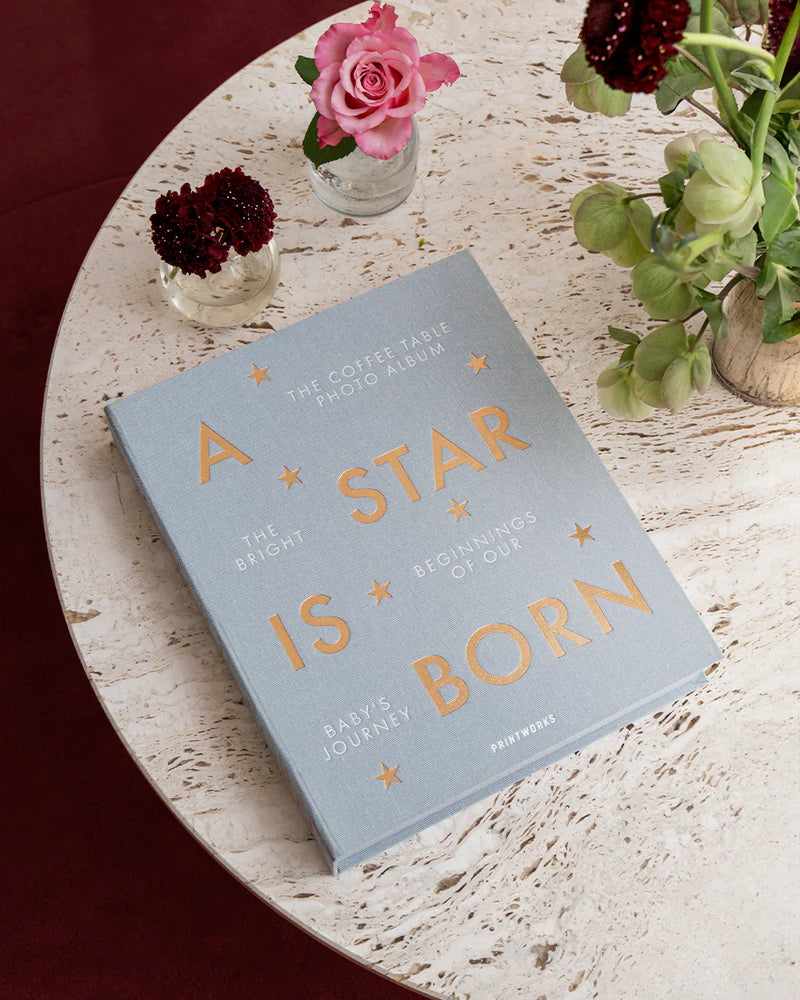 closed A Star Is Born grey baby album styled on table with flowers

