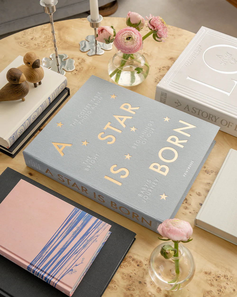 grey A Star Is Born baby album displayed among books and décor
