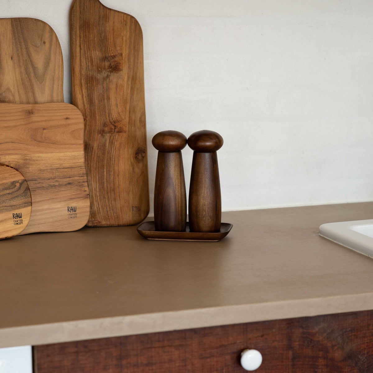 Dark Teak Salt and Pepper Grinder Set With Tray and Ceramic Grinder by Aida