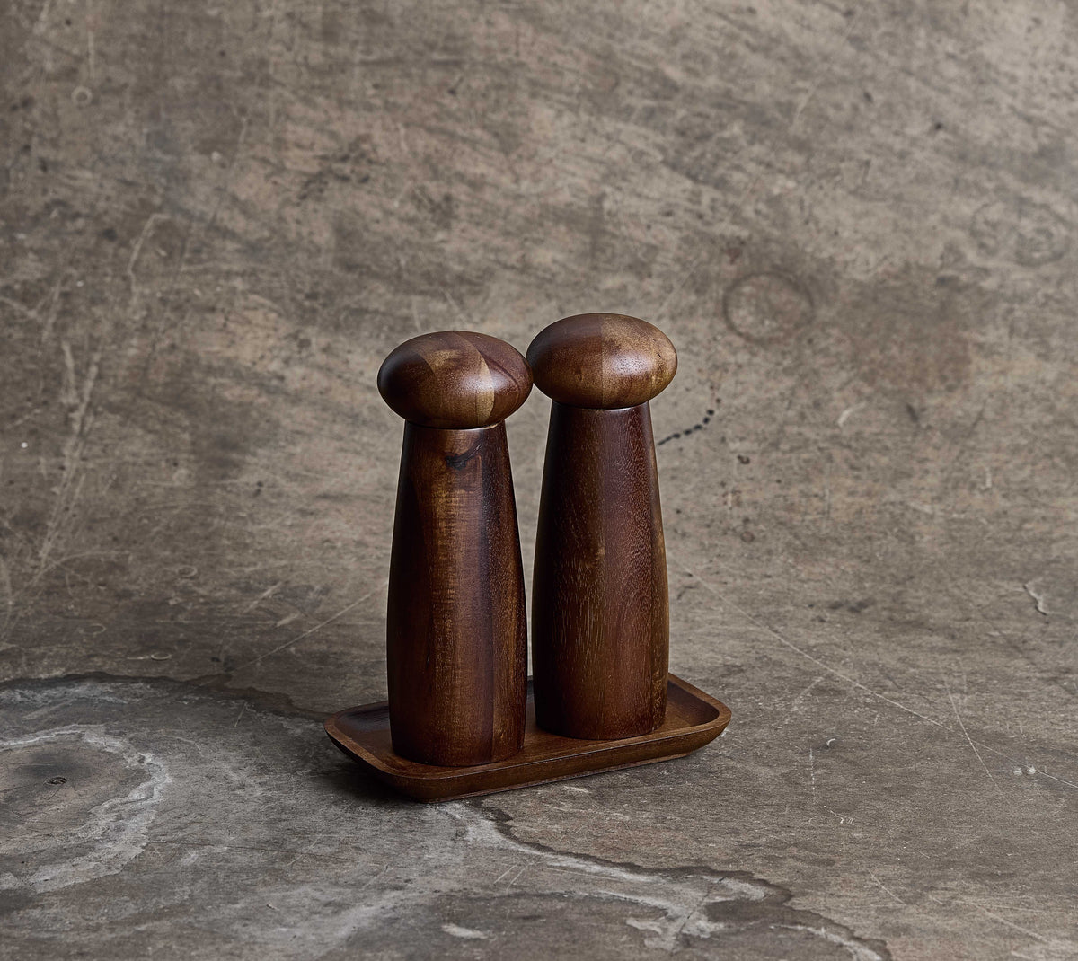 Dark Teak Salt and Pepper Grinder Set With Tray and Ceramic Grinder by Aida