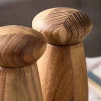 Close-up of two Aida Teak wood salt and pepper grinders with a blurred background
