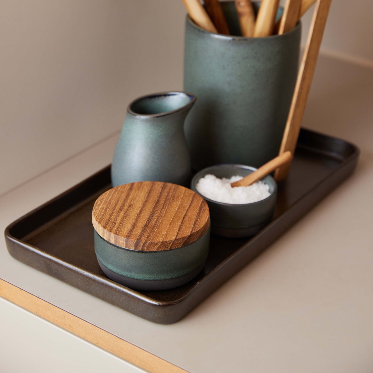 RAW Northern Green Small Bowl with Teak Wood Lid & Spoon by Aida