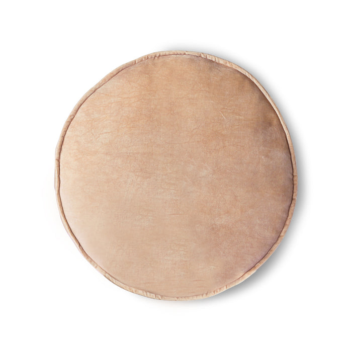 round peach coloured velvet cushion from hkliving