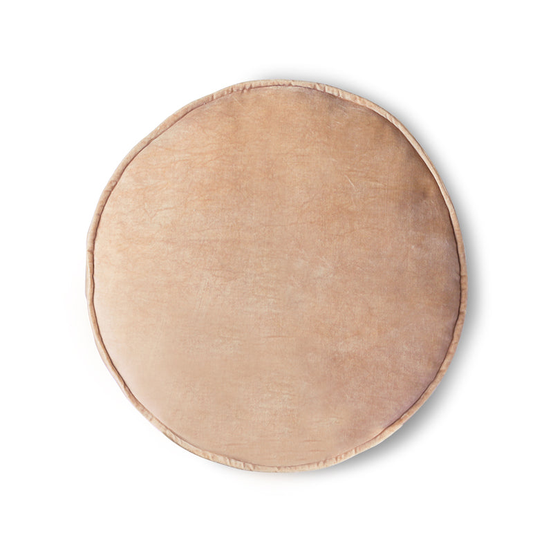 round peach coloured velvet cushion from hkliving