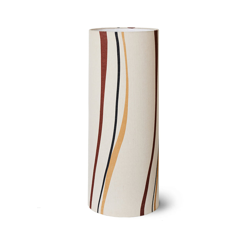 tall large beige lamp shade with wavey stripes of orange, red and black running up and down from nordic design house hkliving