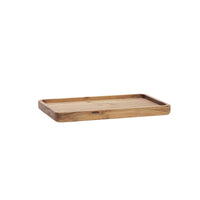 angled view of acacia wooden tray with smooth edges and warm natural tones