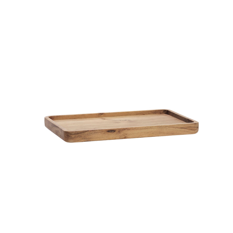 angled view of acacia wooden tray with smooth edges and warm natural tones