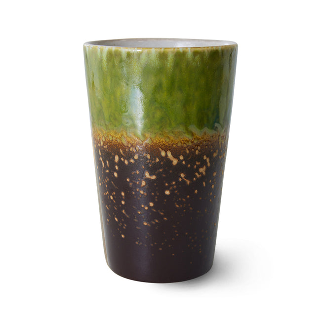 tall brown and green hkliving tea mug where dark brown covers the lower half with swirly green in the upper third