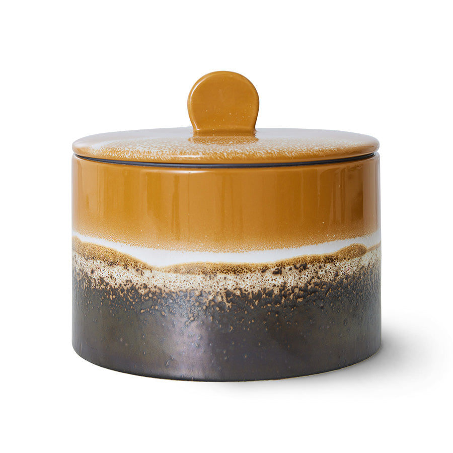 hkliving cookie jar with a deep drown lower half mottled into a white stripe around its middle and a light brown turning mottled white on its lid in this cylindrical pot