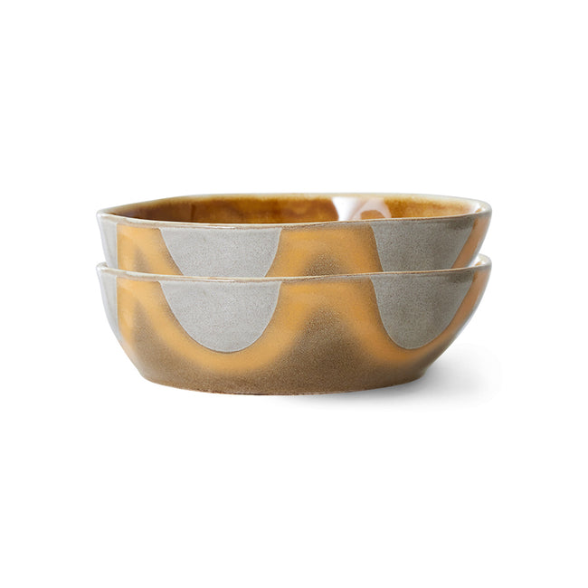 stack of a pair of pasta bowls from hkliving showing the waves of grey, orange, and brown