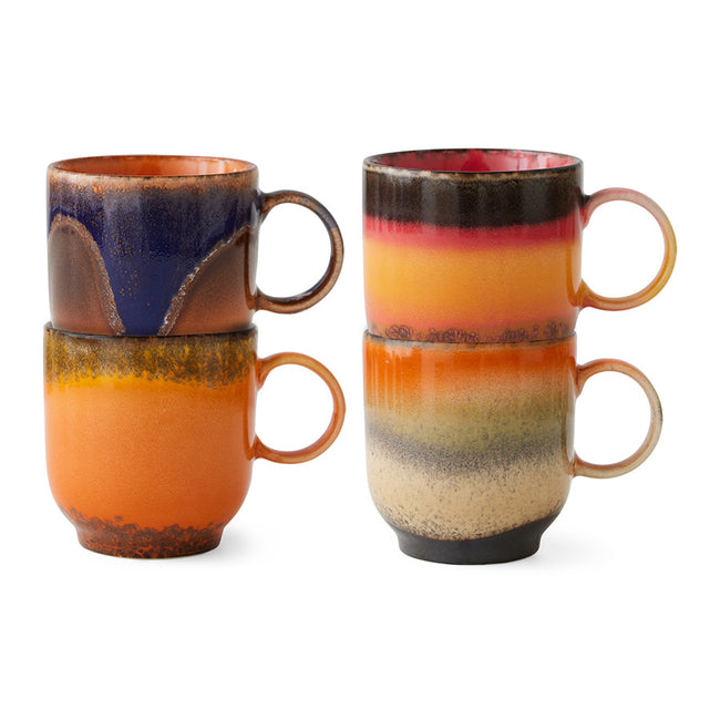 double stacked 70s coloured handled coffee cups from hkliving